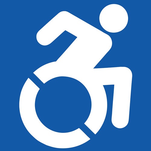 Our final icon in white on blue, to keep to the standard color scheme of the original. Now there’s just one wheel, but with two cutouts to emphasize its motion and make it easy to stencil.
